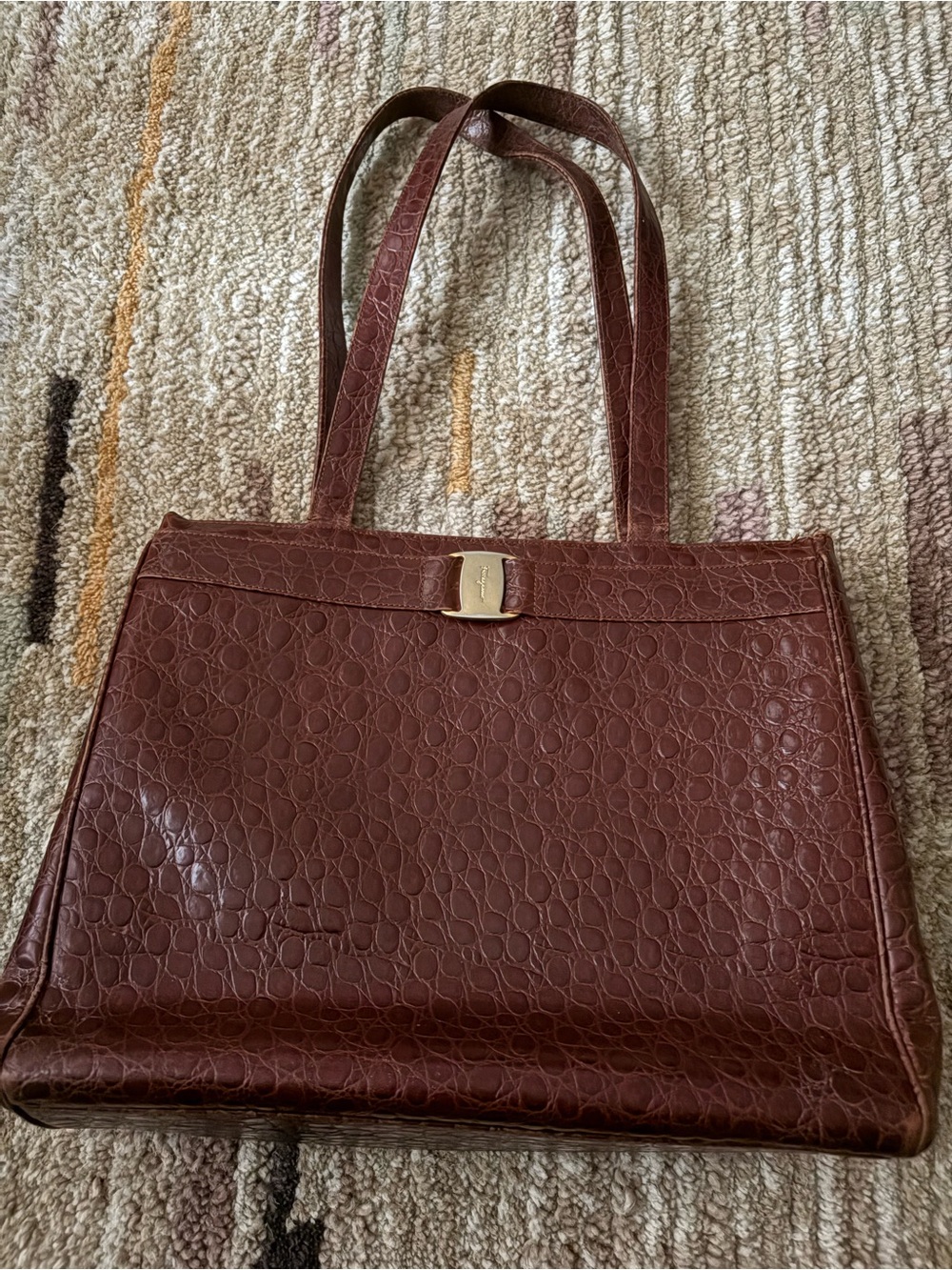 Salvatore Ferragamo Brown Croc-Embossed Leather Tote with Gold Hardware